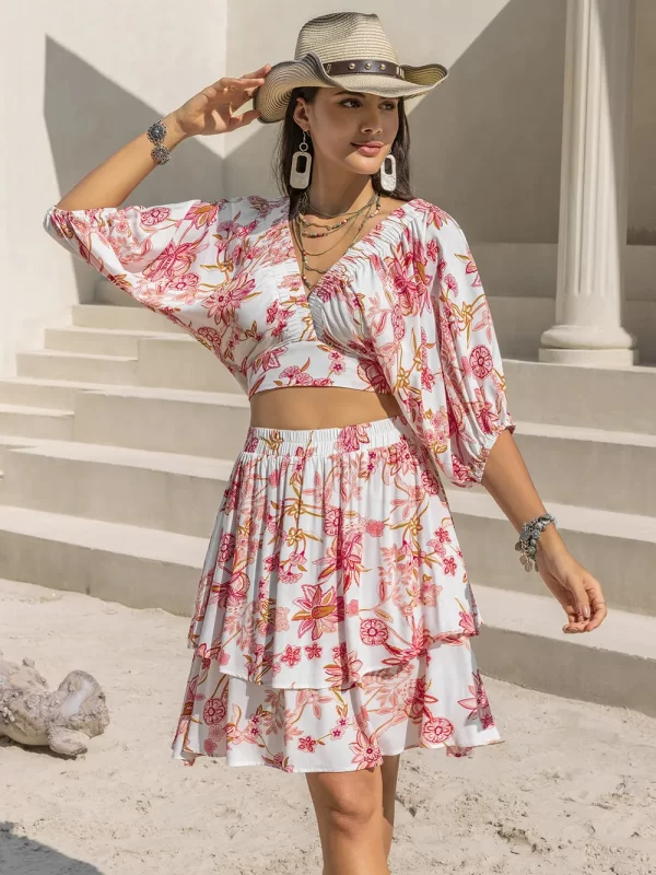 Printed Half Sleeve Top and Layered Skirt Set - Image 5