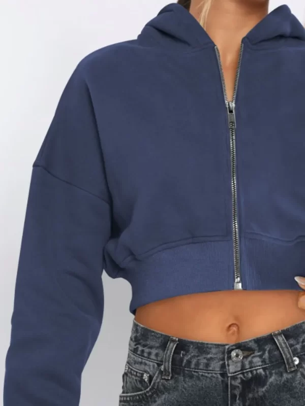 Zip Up Long Sleeve Hooded Cropped Jacket - Image 12