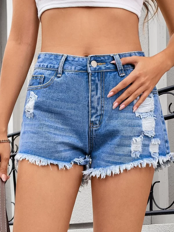 Distressed Raw Hem Denim Shorts - Image 7