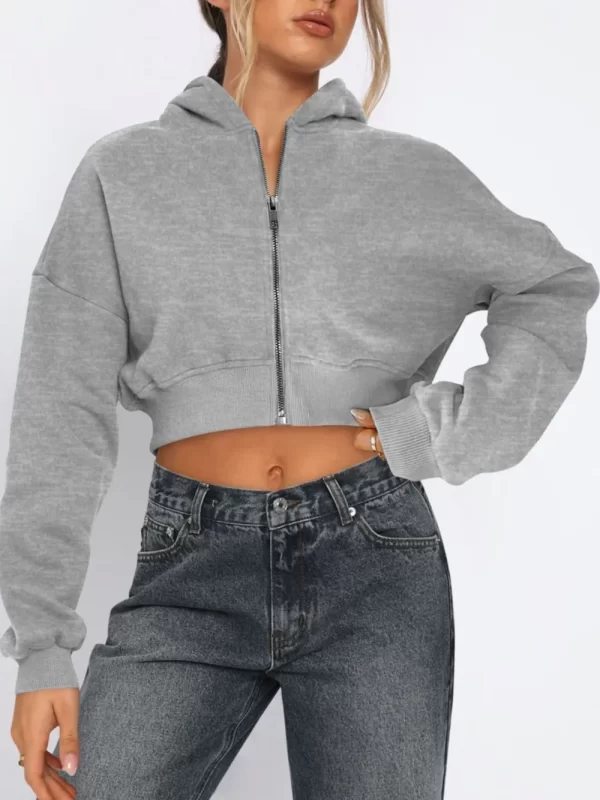 Zip Up Long Sleeve Hooded Cropped Jacket - Image 20