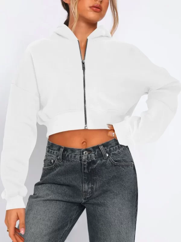 Zip Up Long Sleeve Hooded Cropped Jacket - Image 5