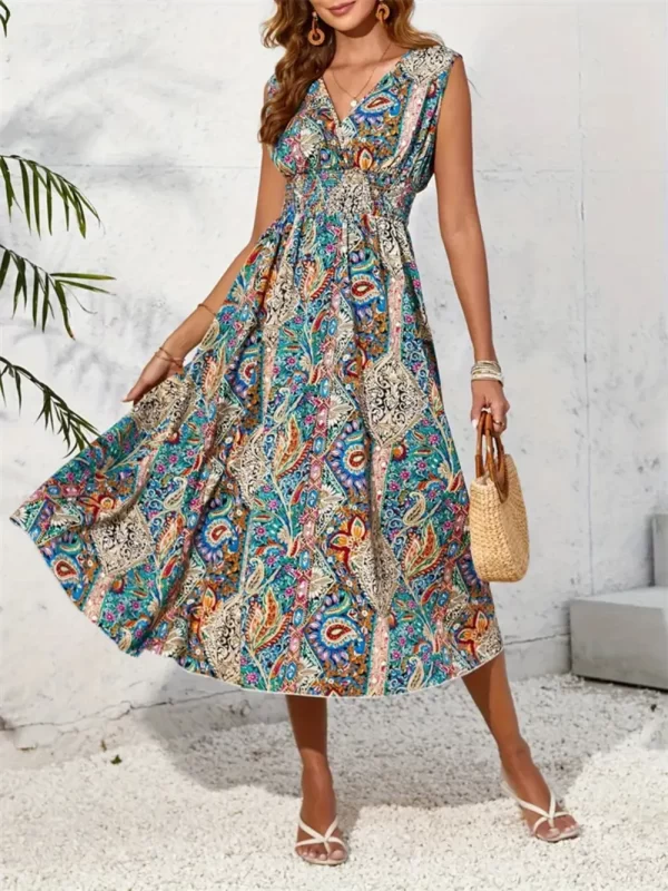 Smocked Printed Surplice Sleeveless Midi Dress - Image 2