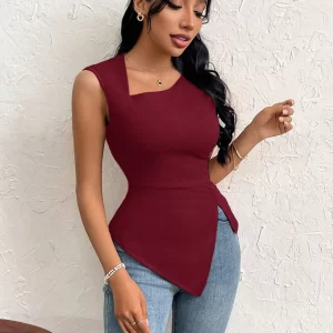 Asymmetric Sleeveless Tank Top with Side Slit Detail