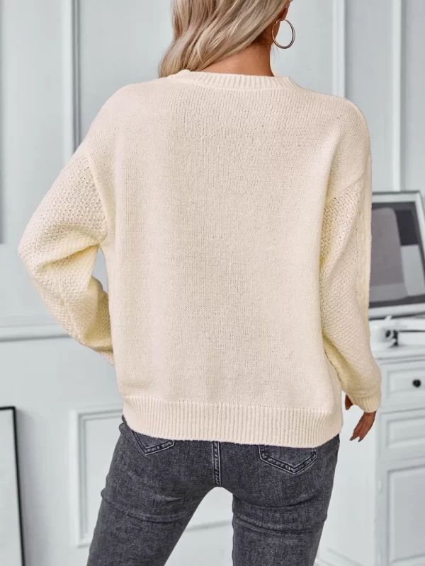 Openwork Cable-Knit Round Neck Long Sleeve Sweater - Image 5