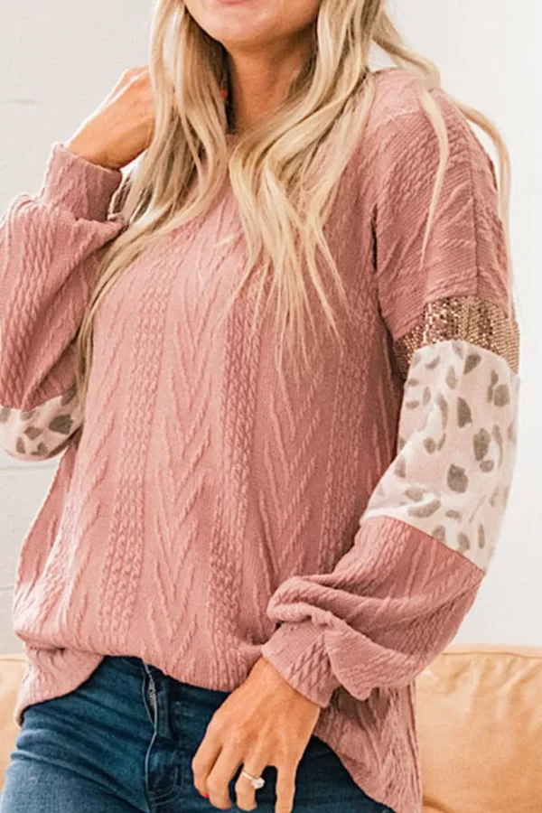 Sequin Leopard Round Neck Long Sleeve Sweater - Image 9