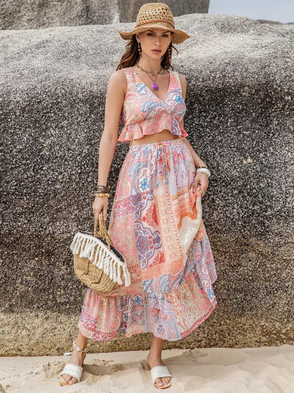 Printed V-Neck Top and Midi Skirt Set - Image 3
