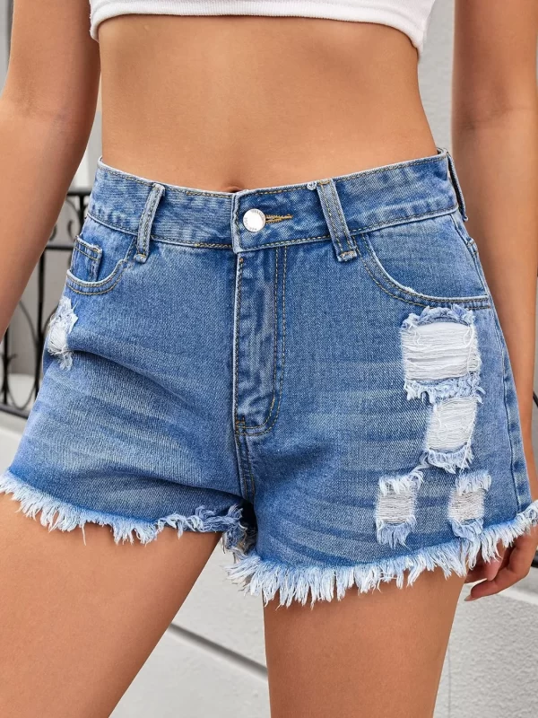 Distressed Raw Hem Denim Shorts - Image 8