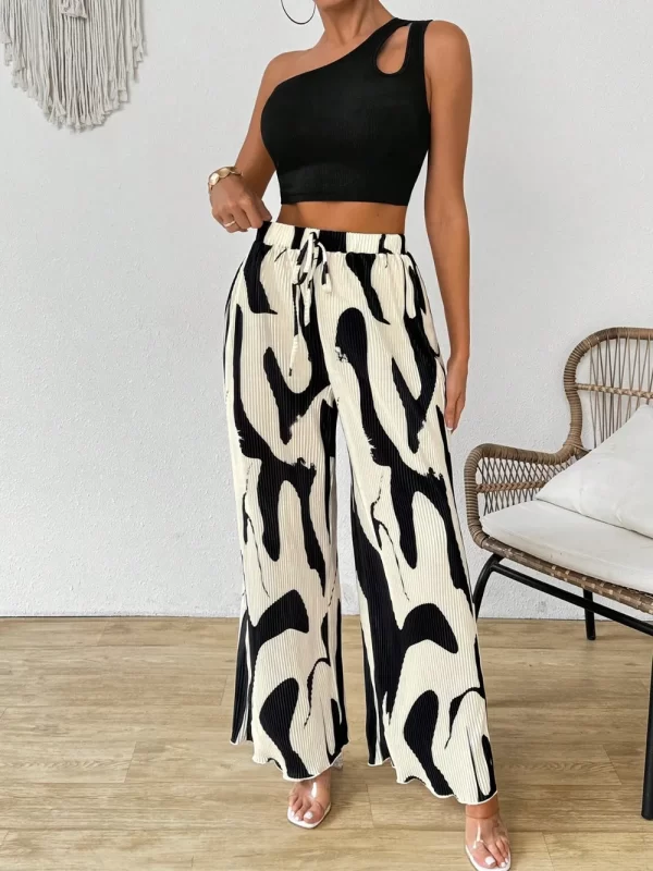 Cutout One Shoulder Top and Printed Pants Set - Image 6