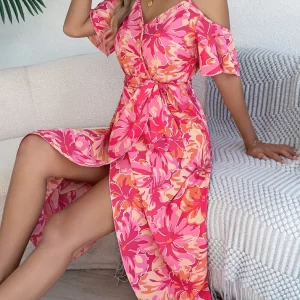 Printed Cold Shoulder Midi Cami Dress