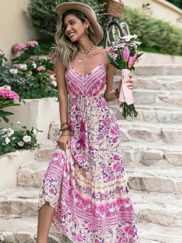 Tassel Printed V-Neck Maxi Dress - Image 5