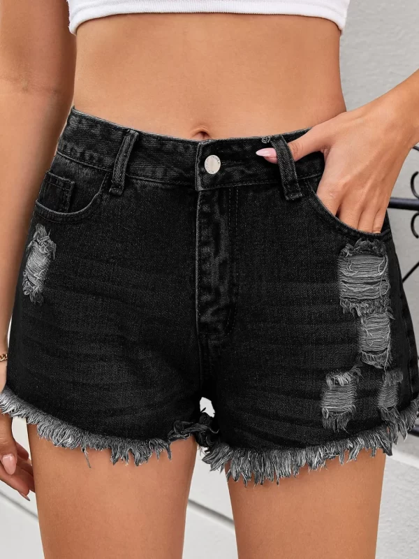 Distressed Raw Hem Denim Shorts - Image 3