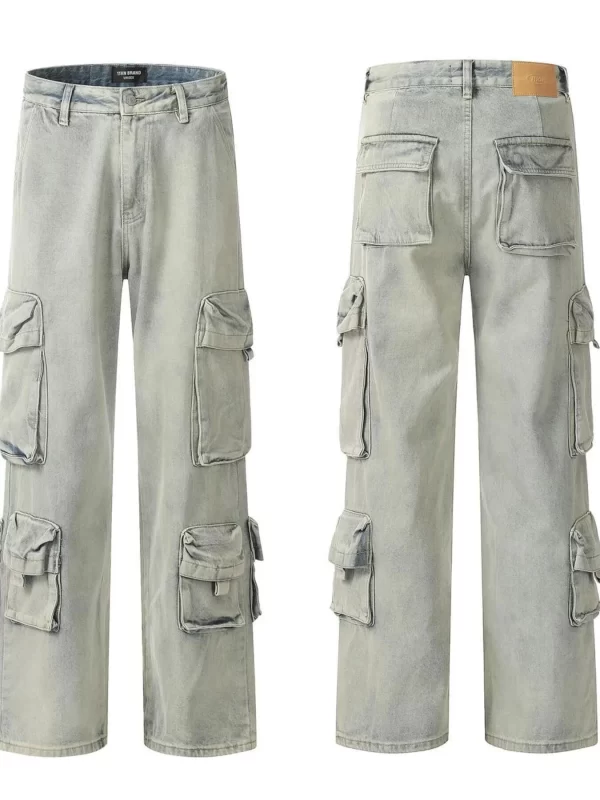 Men's Washed Multi-Pocket Straight Cargo Jeans - Image 13