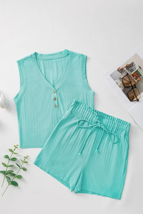 Ribbed Button V Neck Tank Top and Shorts Set - Image 7