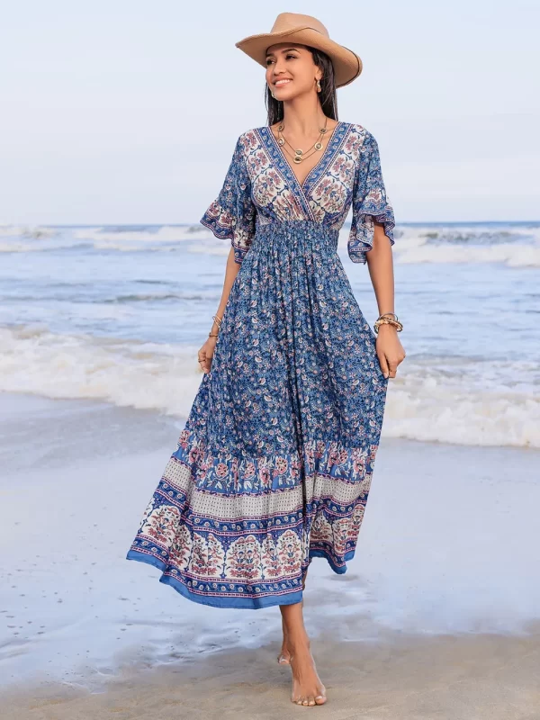 Ruched Printed Flounce Sleeve Midi Dress - Image 9