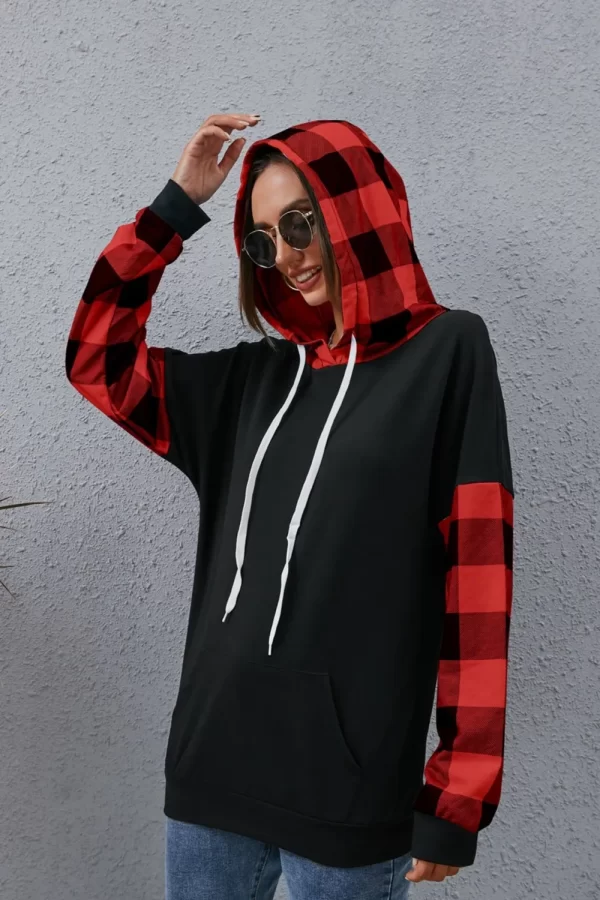 Plaid Drawstring Dropped Shoulder Hoodie - Image 3