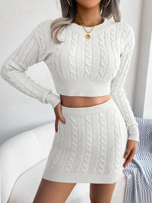 Cable-Knit Round Neck Top and Skirt Sweater Set - Image 5