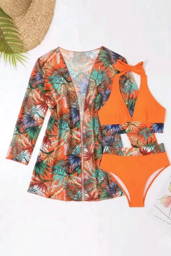 Printed Halter Neck Three-Piece Swim Set - Image 9