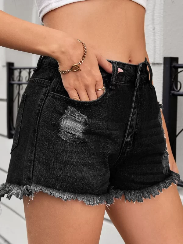 Distressed Raw Hem Denim Shorts - Image 5