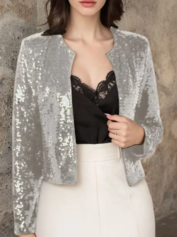 Full Size Sequin Open Front Cropped Jacket - Image 4