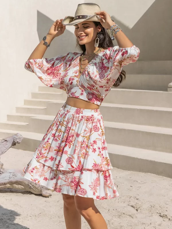Printed Half Sleeve Top and Layered Skirt Set - Image 8