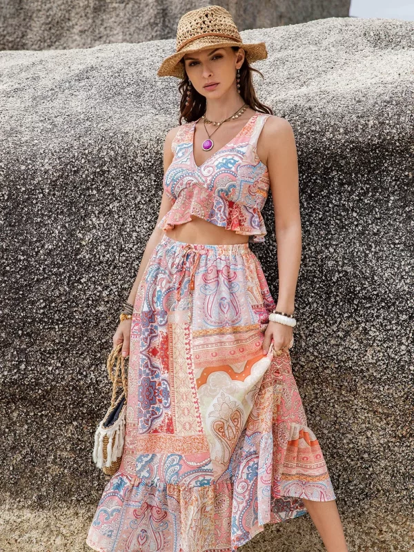 Printed V-Neck Top and Midi Skirt Set - Image 4