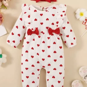 Ruffled Heart Print Round Neck Jumpsuit with Bow Headband