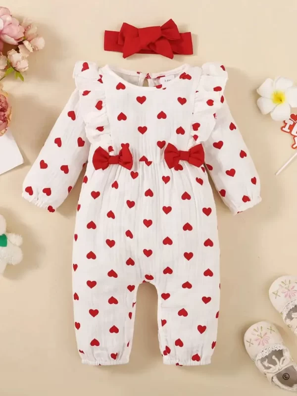 Ruffled Heart Print Round Neck Jumpsuit with Bow Headband