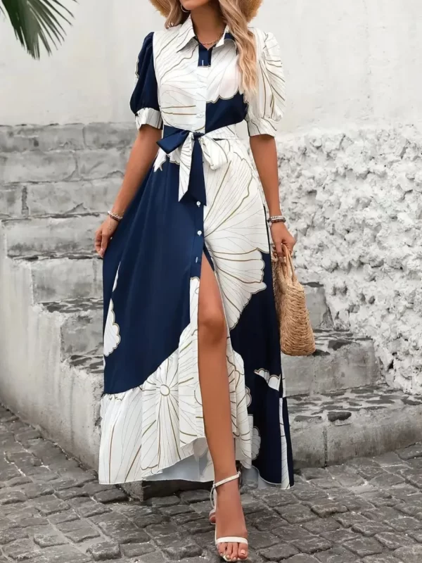 Printed Tie Waist Half Sleeve Maxi Shirt Dress - Image 2