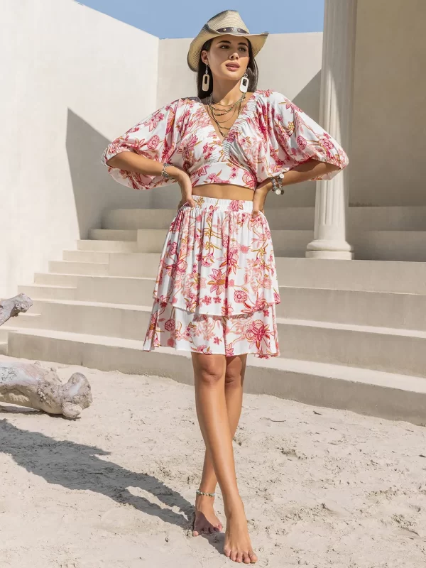 Printed Half Sleeve Top and Layered Skirt Set - Image 3