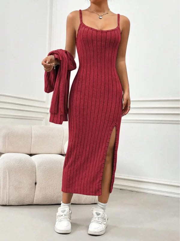Ribbed Long Sleeve Cropped Cardigan and Slit Cami Dress Set - Image 2