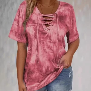 Tie Dye Lace-Up V-Neck Casual T-Shirt