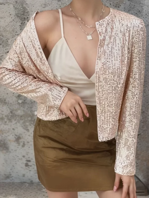 Full Size Sequin Open Front Cropped Jacket - Image 32