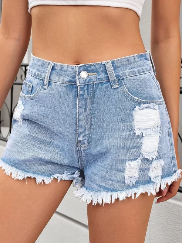 Distressed Raw Hem Denim Shorts - Image 15