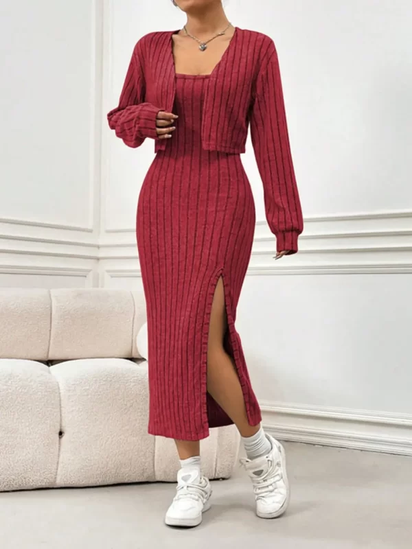 Ribbed Long Sleeve Cropped Cardigan and Slit Cami Dress Set - Image 3