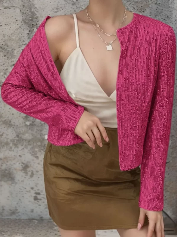 Full Size Sequin Open Front Cropped Jacket - Image 25