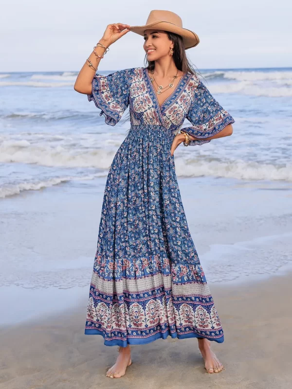 Ruched Printed Flounce Sleeve Midi Dress - Image 4
