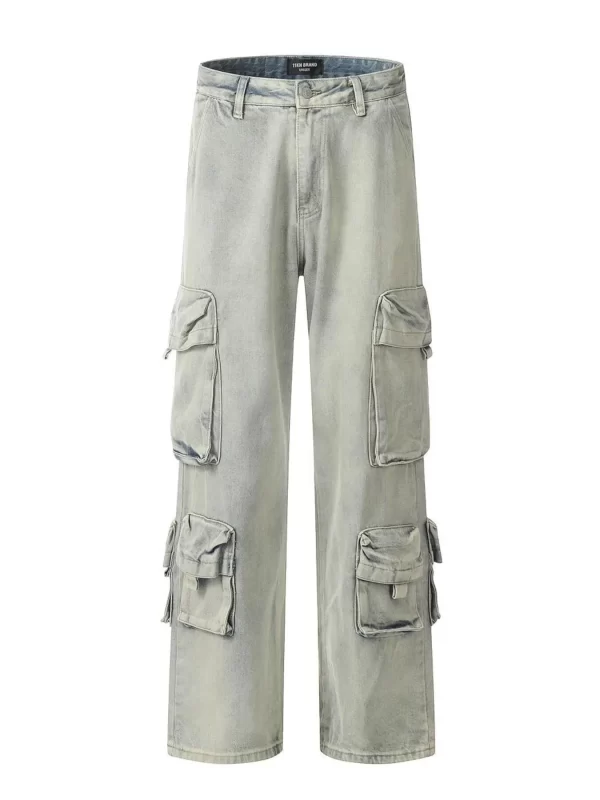 Men's Washed Multi-Pocket Straight Cargo Jeans - Image 16