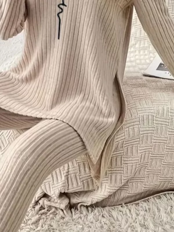 Side Slit Round Neck Long Sleeve Top and Pants Set - Image 2