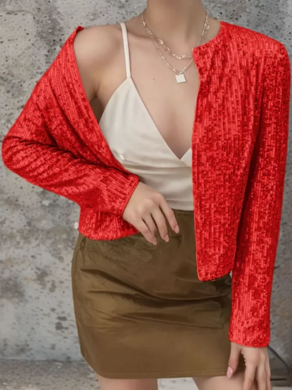 Full Size Sequin Open Front Cropped Jacket - Image 22