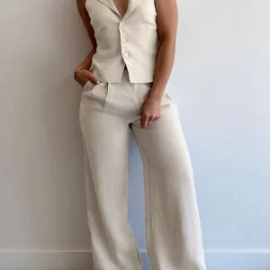 Devine Lapel Collar Sleeveless Top and Pants Set
