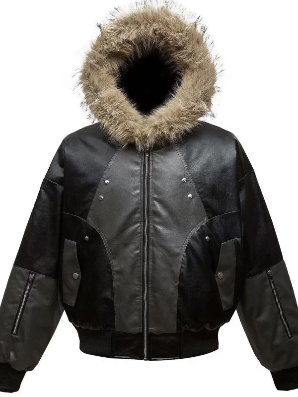 Men's Faux Fur Hooded Contrast Bomber Jacket - Image 10