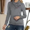 Shiny Buttoned Mock Neck Long Sleeve Blouse