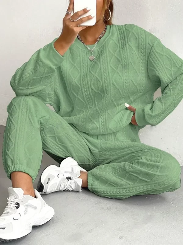 Texture Round Neck Top and Pants Set - Image 2