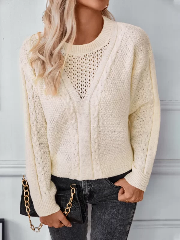 Openwork Cable-Knit Round Neck Long Sleeve Sweater - Image 7