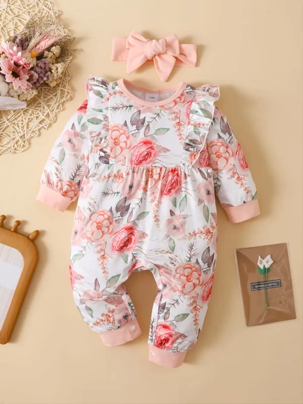 Ruffled Floral Round Neck Jumpsuit with Headband - Image 3
