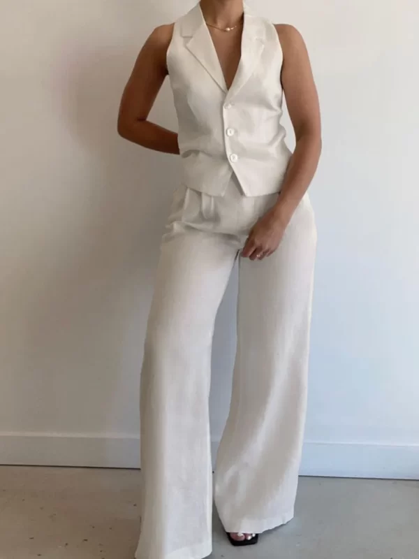 Devine Lapel Collar Sleeveless Top and Pants Set - Image 3