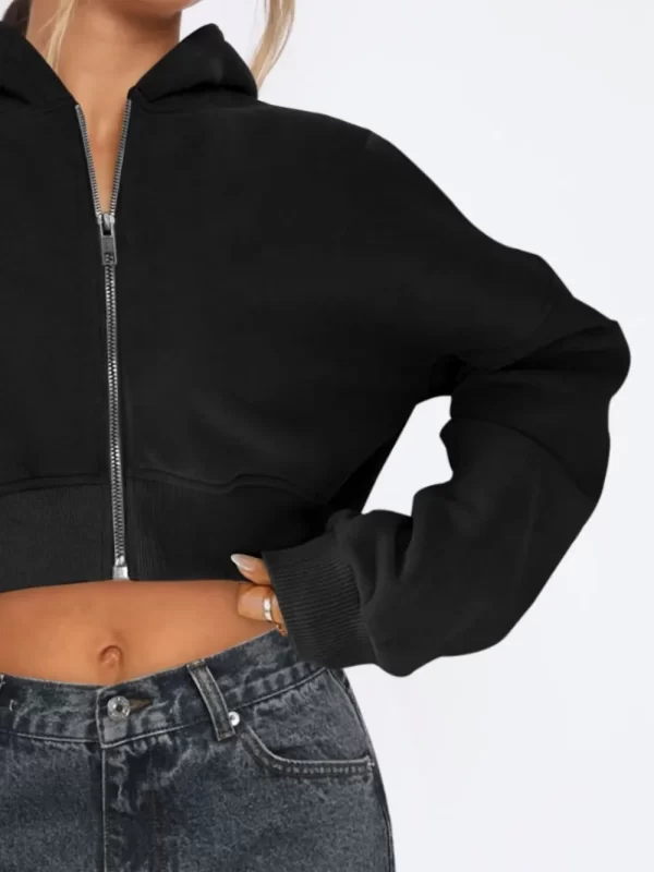 Zip Up Long Sleeve Hooded Cropped Jacket - Image 15