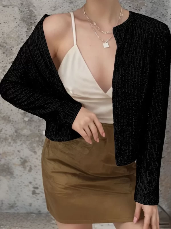 Full Size Sequin Open Front Cropped Jacket - Image 28
