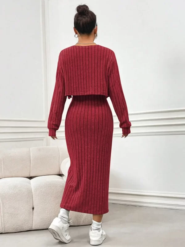 Ribbed Long Sleeve Cropped Cardigan and Slit Cami Dress Set - Image 4