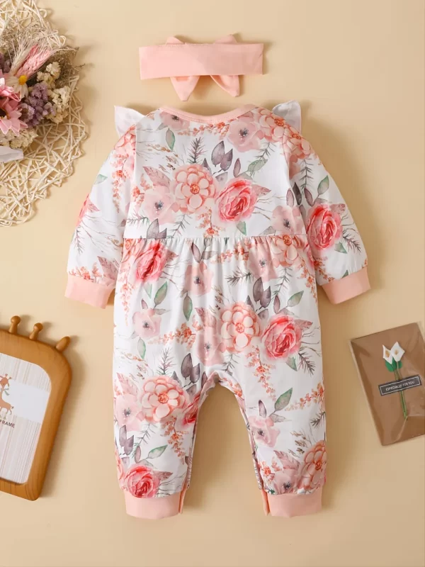 Ruffled Floral Round Neck Jumpsuit with Headband - Image 12